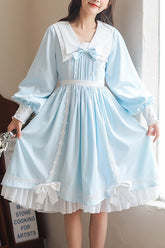 Lapel Collar Lantern Sleeves High Waisted With Bow Sweet Lolita OP Dress
